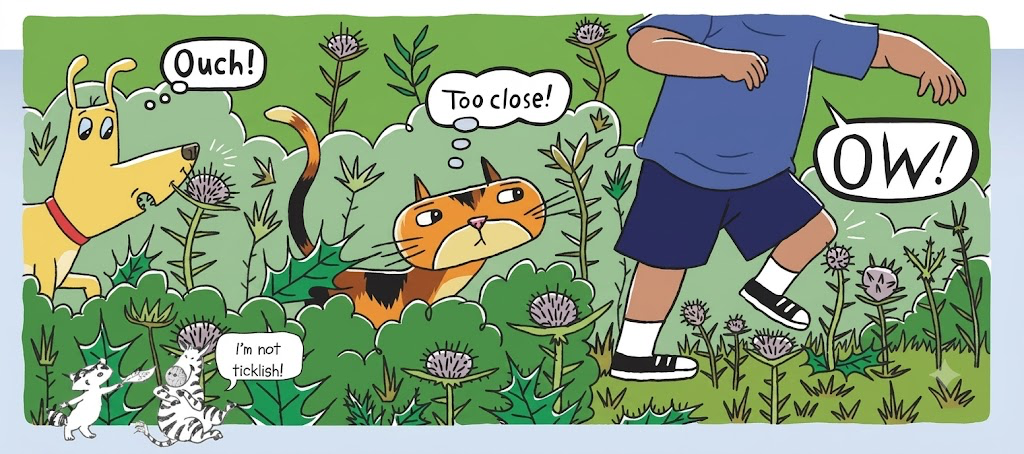 Ouch! Animals and boy in the bushes